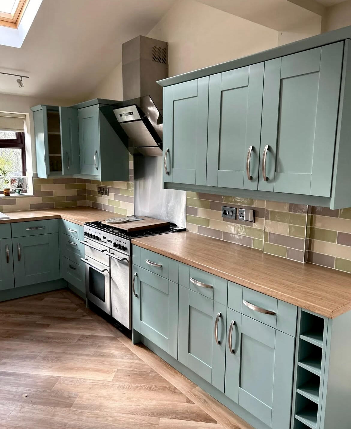 Sage blue shaker kitchen after specialist hand painted cabinet transformation in Penn, Wolverhampton.